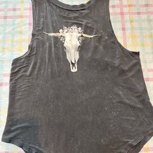 Black Graphic Muscle Tank with Bull Skull Print